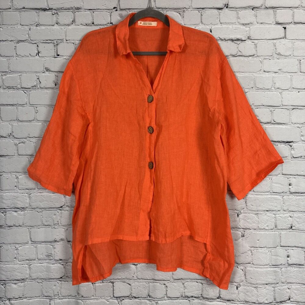 Blanco De Ibiza Linen Tunic Top OS Lagenlook Hygge Minimalist Quiet Luxury Coral